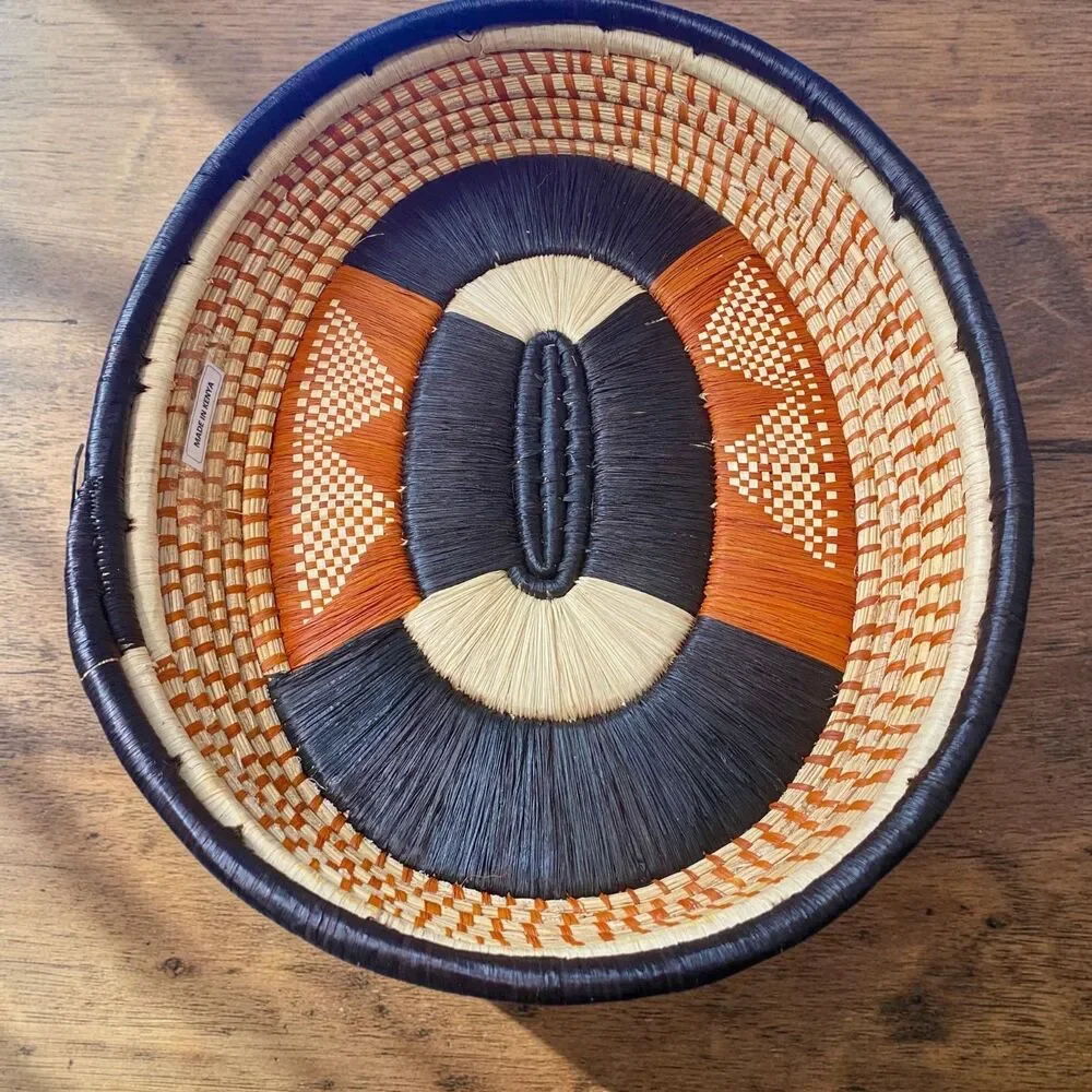 Handmade Kenyan Woven Sisal Basket 11x13 Oval Geometric Boho Bread Bowl Wall Art